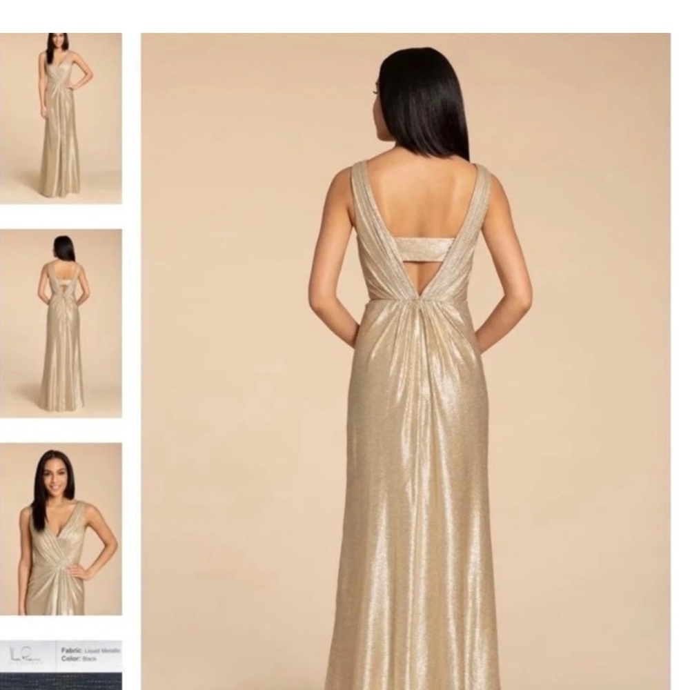 Hailey Paige Occasions Gold Cashmere V back strap ruched waist Style 5954 sz 22 - Picture 3 of 16